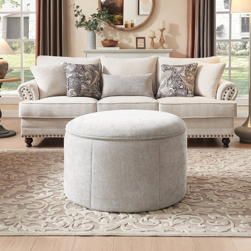 Latitude Run® Large Round Storage Ottoman, Upholstered Footrest Coffee ...